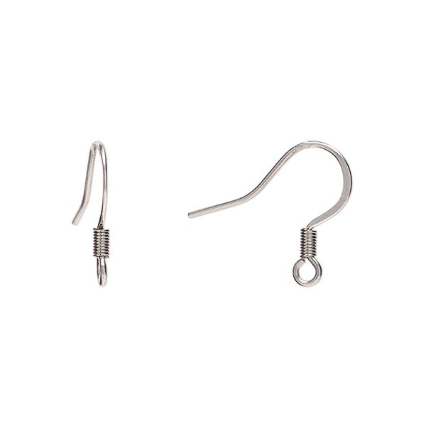 Ear wire fishhook 1pkg100, 15mm flat / 3mm coil / open loop, 22 gauge stainless steel 50 pair image number 0