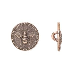 Button, TierraCast&reg;, antique copper-plated pewter (tin-based alloy), 15mm beaded flat round with bee and closed loop. Sold per pkg of 20.