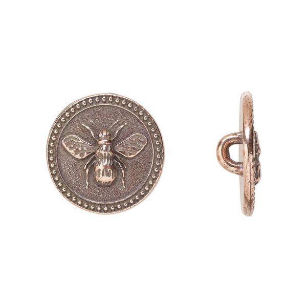 Button, TierraCast&reg;, antique copper-plated pewter (tin-based alloy), 15mm beaded flat round with bee and closed loop. Sold per pkg of 20. image number 0
