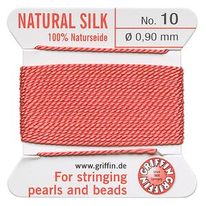 Thread, Griffin, silk, coral, size #10. Sold per 2-meter card (approximately 78 inches).