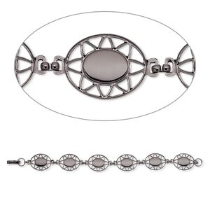 Bracelet component, gunmetal-plated brass, 20x17mm fancy oval with (6) 10x8mm oval settings, 7 inches with fold-over clasp. Sold per pkg of 10.