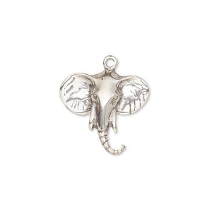 Charm, sterling silver, 18x17mm single-sided elephant head. Sold individually.