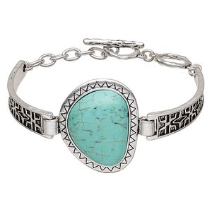 Bracelet, "turquoise" (imitation) resin with antique silver-plated steel and "pewter" (zinc-based alloy), blue, 35mm wide with 35x32x26mm triangle, 6 to 6-1/2 inches with toggle clasp. Sold individually.
