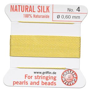 Thread, Griffin, silk, yellow, size #4. Sold per 2-meter card (approximately 78 inches).