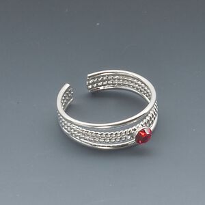 Toe ring, sterling silver and crystal, light Siam, 5mm wide with braided design, adjustable. Sold individually.