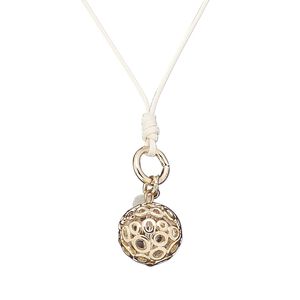 Necklace, glass / waxed cotton cord / gold-finished steel / "pewter" (zinc-based alloy), white and clear, 18mm round, 20 inches with 2-inch extender chain and lobster claw clasp. Sold individually.