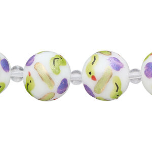 Bead, glass 1pkg8, multicolored, 14mm round with hand-painted bird and heart.