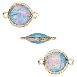 Link, Opalized Ice&trade;, "opal" (resin) and gold-finished brass, light blue, 14mm double-sided round. Sold per pkg of 4.