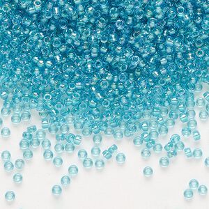 Seed bead, Miyuki, glass, pkg/25g, #11 rocaille, translucent aqua-lined luster crystal clear (RR-1822).