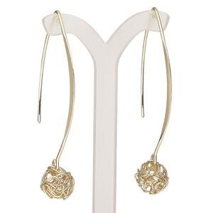 Earring, gold-finished steel, 2-3/4 inches with marquise and fishhook ear wire. Sold per pair.