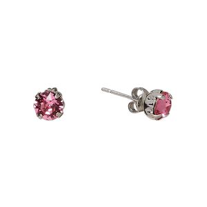 Earstud, Everyday Jewelry&trade;, Crystal Passions&reg; and silver-plated "pewter", rose, 6.5mm round. Sold per pair.