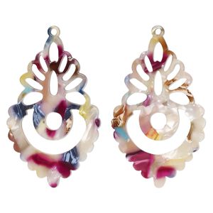 Focal, resin, multicolored, 50x31mm fancy teardrop. Sold per pkg of 2.