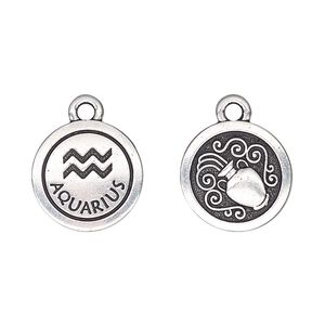 Charm, TierraCast&reg;, antique silver-plated pewter (tin-based alloy), 15mm two-sided flat round with Aquarius zodiac sign and symbol. Sold per pkg of 2.