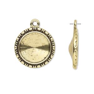 Drop, Almost Instant Jewelry&reg;, antique gold-finished "pewter" (zinc-based alloy), 19mm round with beaded design and 14mm rivoli setting. Sold per pkg of 6.