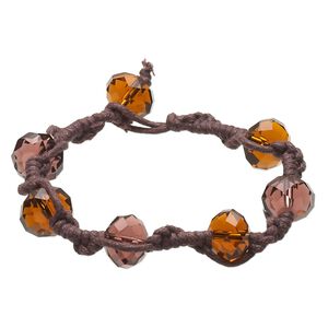 Bracelet, waxed cotton cord and acrylic, brown / topaz brown / plum, 11x8mm faceted rondelle, 5-1/2 inches with macram&eacute; button clasp. Sold individually.
