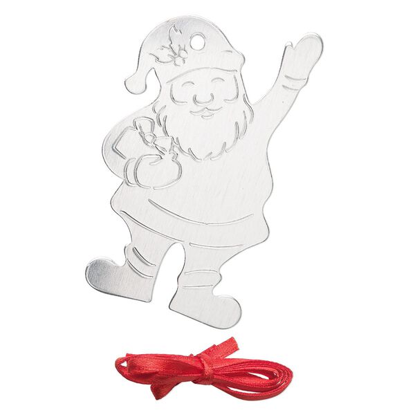 Ornament, ImpressArt&reg;, aluminum and polyester, 2-13/16  x 1-3/4 inch Santa with ribbon. Sold per pkg of 3. image number 0