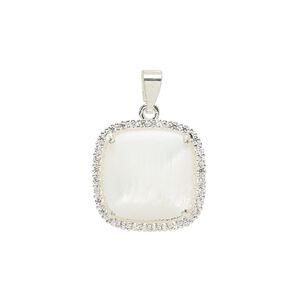 Pendant, glass rhinestone / mother-of-pearl shell / silver-finished brass 1pkg1, clear and white, 17mm single-sided square.