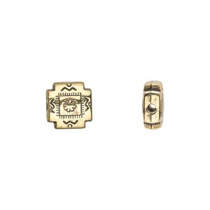 Bead, antiqued gold-finished copper-coated plastic, 10x10mm fancy flat square. Sold per 50-gram pkg, approximately 120 beads.