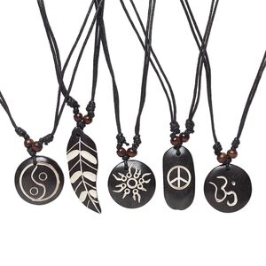 Necklace mix, bone and wood (dyed), black and brown, 32-59mm single-sided shapes and mixed designs wood accent beads on waxed cotton cord, adjustable 18-36 inches with macram&eacute; clasp. Sold per pkg of 5.