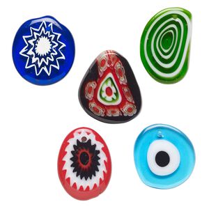 Drop, millefiori glass, translucent multicolored, 17x15mm-32x22mm top-drilled flat oval with flower / eye / spiral design. Sold per pkg of 5.