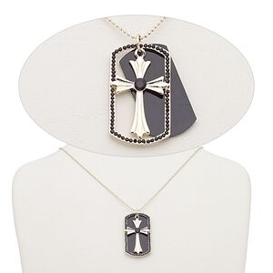 Necklace, Czech glass rhinestone / gold-finished steel / brass / "pewter" (zinc-based alloy), black, 43x24mm rounded rectangle with cross, 17 inches with 2-inch extender chain and lobster claw clasp. Sold individually.