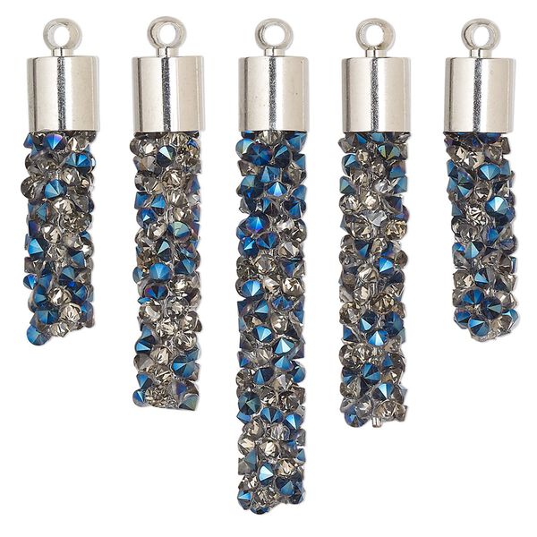Focal, glass / resin / imitation rhodium-finished brass, metallic half-coated clear and blue, 22.5x6mm-37x6mm graduated fan stick. Sold per 5-piece set. image number 0