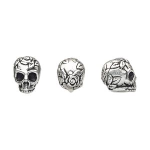Bead, TierraCast&reg;, antique silver-plated pewter (tin-based alloy), 10x8mm 3D skull with rose and leaf design. Sold per pkg of 20.