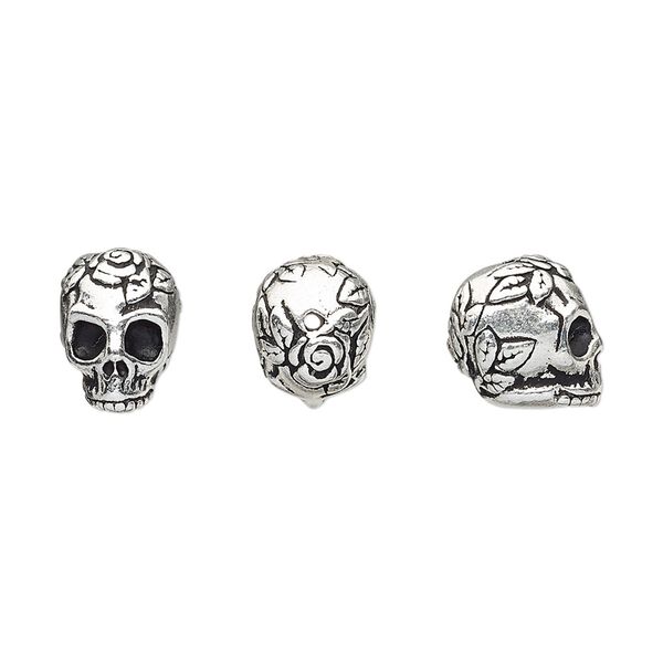 Bead, TierraCast&reg;, antique silver-plated pewter (tin-based alloy), 10x8mm 3D skull with rose and leaf design. Sold per pkg of 20. image number 0