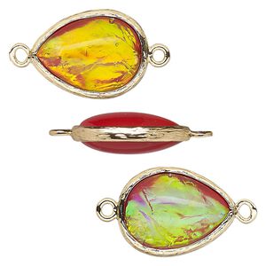 Link, Opalized Ice&trade;, "opal" (resin) and gold-finished brass, orange, 19.5x15mm double-sided teardrop. Sold per pkg of 4.