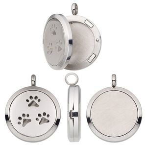 Pendant, stainless steel, 37x30mm single-sided hinged round locket with cutout paw prints and magnetic closure. Sold individually.