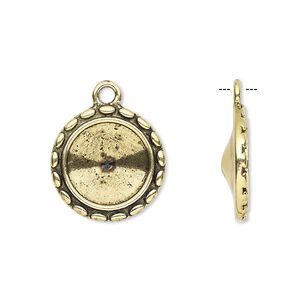 Drop, Almost Instant Jewelry&reg;, antique gold-finished "pewter" (zinc-based alloy), 17mm round with scalloped design and 12mm rivoli setting. Sold per pkg of 6.