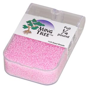 Seed bead, Ming Tree&trade;, glass, pkg/1/4 pound, #11 round, transparent color-lined pink.