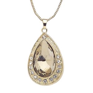 Necklace, glass rhinestone / glass / gold-finished steel / "pewter" (zinc-based alloy), topaz brown and clear, 55x38mm teardrop, 28 inches with 3-inch extender chain and lobster claw clasp. Sold individually.