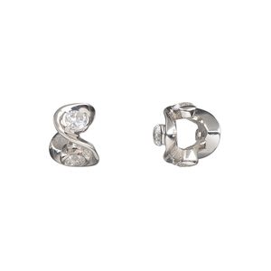 Bead 1pkg1 rhodium-plated sterling silver, 10.5x8mm wavy rondelle, clear cubic zirconia
