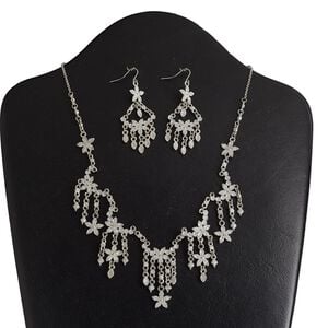 Necklace and earring set, epoxy and rhodium-finished "pewter" (zinc-based alloy), white with glitter, flower, 18-inch necklace with 3-inch extender chain and lobster claw clasp, 2-1/2 inch earrings with fishhook ear wire. Sold per set.