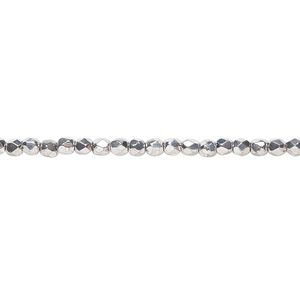 Bead, Czech fire-polished glass, opaque silver, 2.4-2.6mm faceted round. Sold per 8-inch strand, approximately 80 beads.