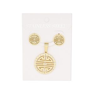 Pendant and earring, glass rhinestone and gold-finished stainless steel, clear, 26mm round pendant with cutout Chinese translation for "long life," 14mm round with cutout Chinese translation for "long life" and post. Sold per set.