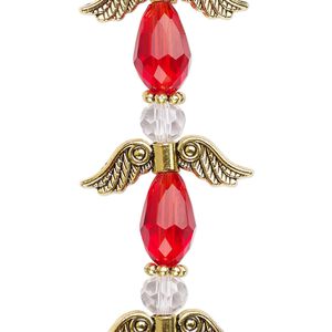 Bead 1pkg4 gold-finished "pewter", 23mm angel, red & clear / antique