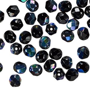Czech fire-polished glass 1pkg60, faceted round bead opaque jet black AB 6mm