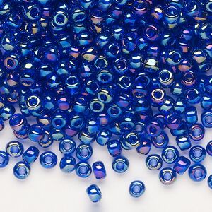 Seed bead, Dyna-Mites&trade;, glass, transparent rainbow iris blue, #6 round. Sold per 40-gram pkg.