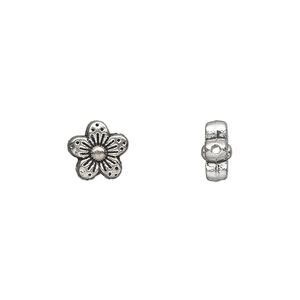 Bead 1pkg50 silver-plated "pewter", 9x8mm flower / 2sided, antique