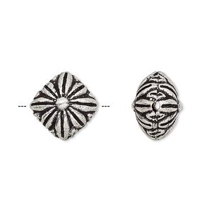 Bead 1pkg2 silver-finished, 14mm puffed diamond / flower, brass antique