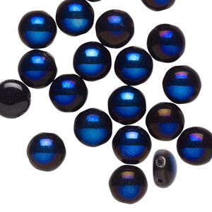 Bead, Preciosa Candy&trade;, Czech pressed glass, opaque black with half-coat iris spinel blue, 8mm candy with (2) 0.8-0.9mm holes. Sold per pkg of 20.