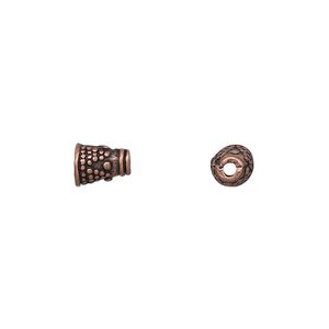 Cone, antique copper-finished "pewter" (zinc-based alloy), 7x5mm with pattern, 4mm inside diameter. Sold per pkg of 24.
