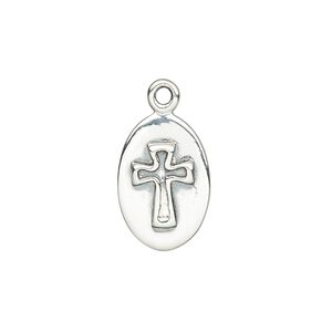Drop, antiqued sterling silver 1pkg1, 18x12mm oval with cross.