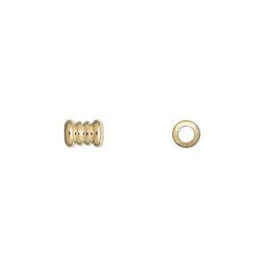 Bead 1pkg100 gold-plated, 6.5x4.5mm ribbed tube, brass