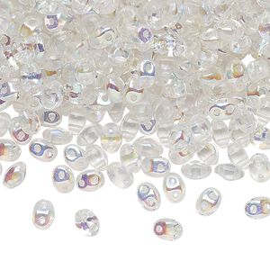 Bead, Preciosa Twin&trade;, Pressed Twin, Czech pressed glass, translucent clear AB, 5x2.5mm oval with (2) 0.7-0.8mm holes. Sold per 250-gram pkg.