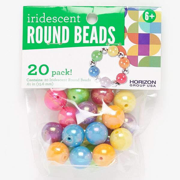 Bead mix, Bead Landing&trade;, plastic, opaque iridescent mixed colors, 16mm round. Sold per pkg of 20. image number 0