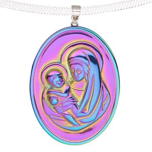 Hemalyke&trade; / brass 1pkg1, electroplated silver-finished 1-sided Mary w/baby Jesus oval pendant 41x31mm