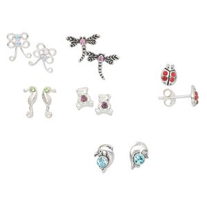 Earstud, Create Compliments&reg;, sterling silver and crystals, assorted colors, 6x4mm-11x9mm assorted shape with post. Sold per pkg of 6 pairs.